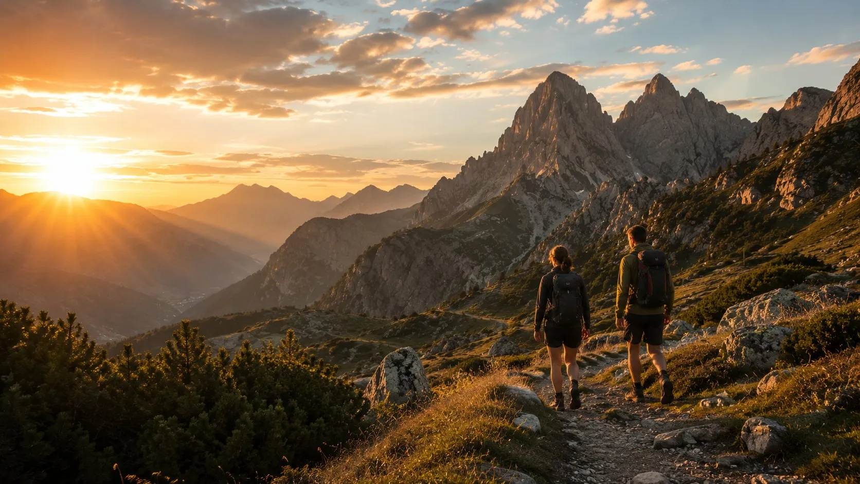 Altitude training in mountains: two hikers with backpacks walking up rocky trail toward sunset over alpine valley