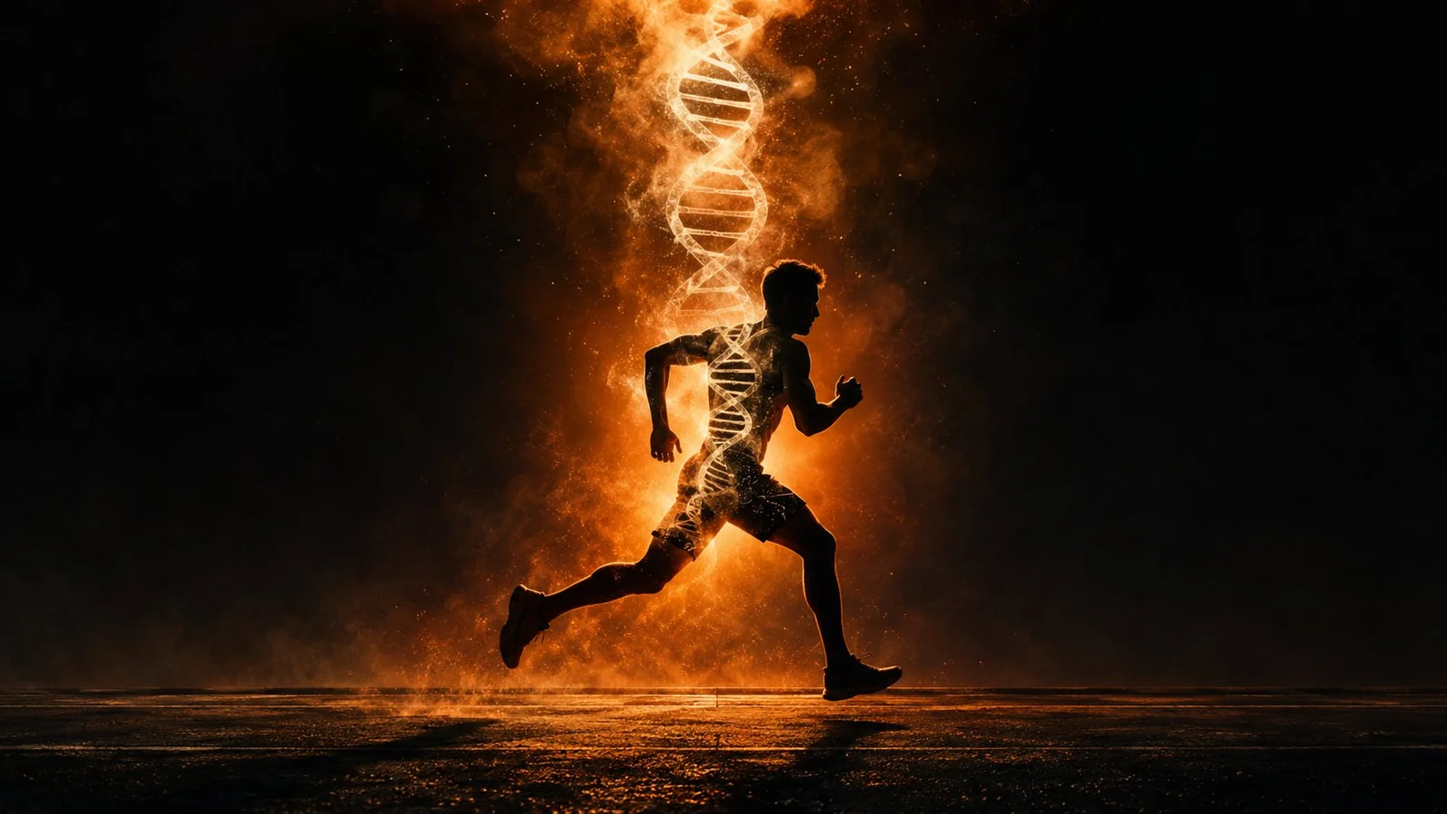 Metaphorical illustration: Runner's profile on a dark background with an overlaid DNA spiral — VO2max stronger than heart genetics