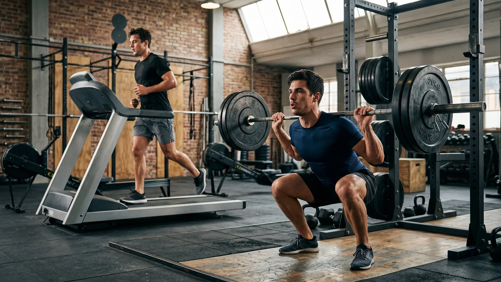 Concurrent training order — strength squat in foreground and treadmill cardio in background showing exercise sequence in one session