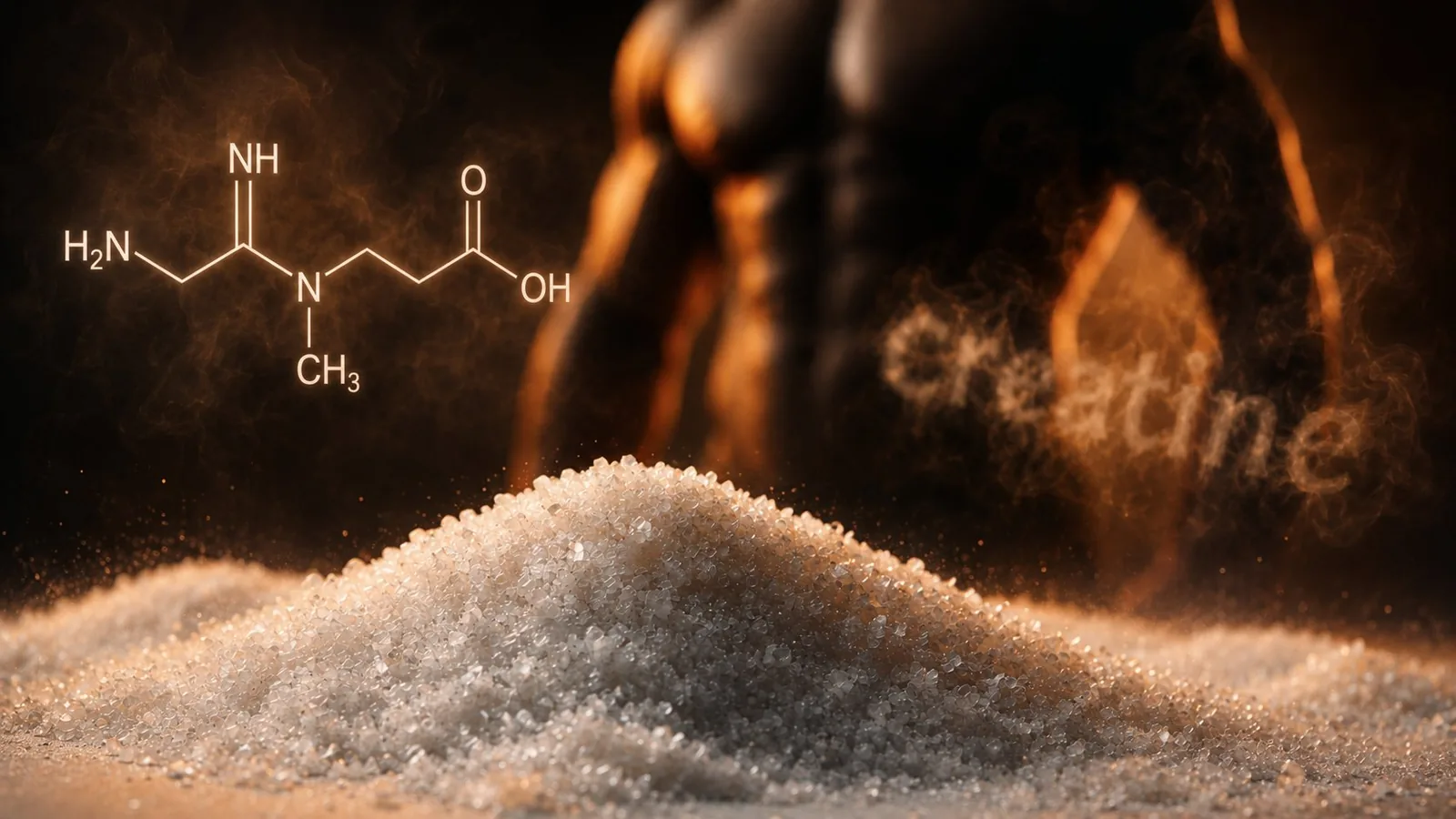 A metaphorical illustration: the silhouette of an athlete at the start line, and the crystalline structure of creatine joined by a beam of energy