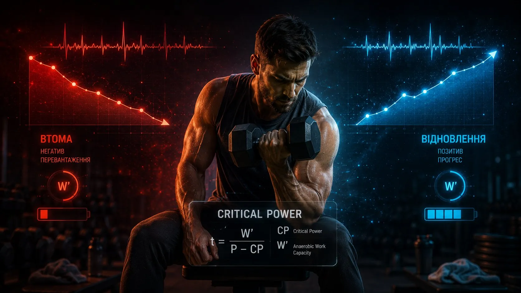 Critical power concept: athlete doing bicep curl in gym, red declining fatigue chart with empty W' battery on left, blue rising recovery chart with full W' battery on right, CP formula overlay