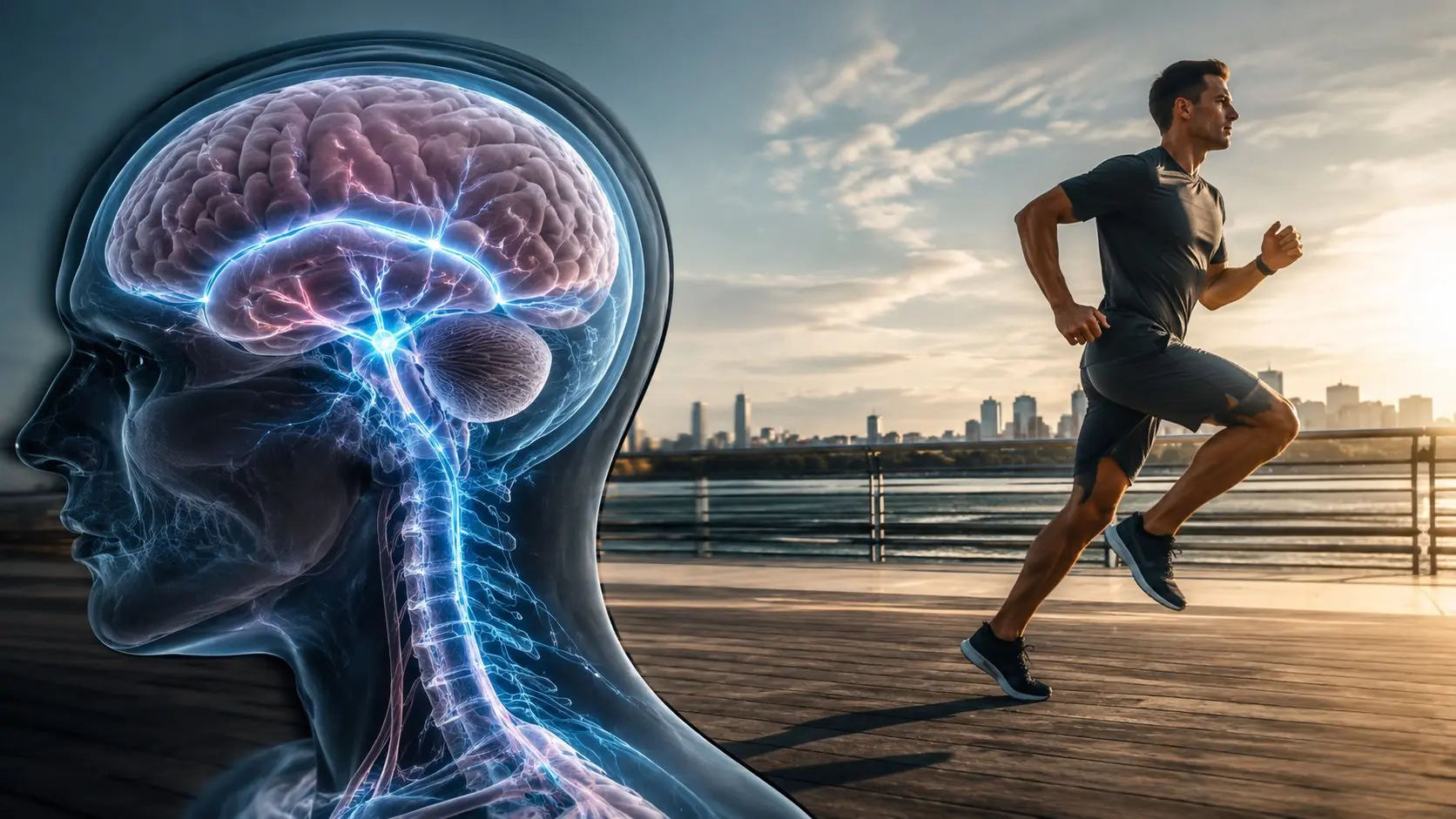 exercise brain cleansing mechanism — translucent fluid flowing through organic structure, warm amber tones, dark background