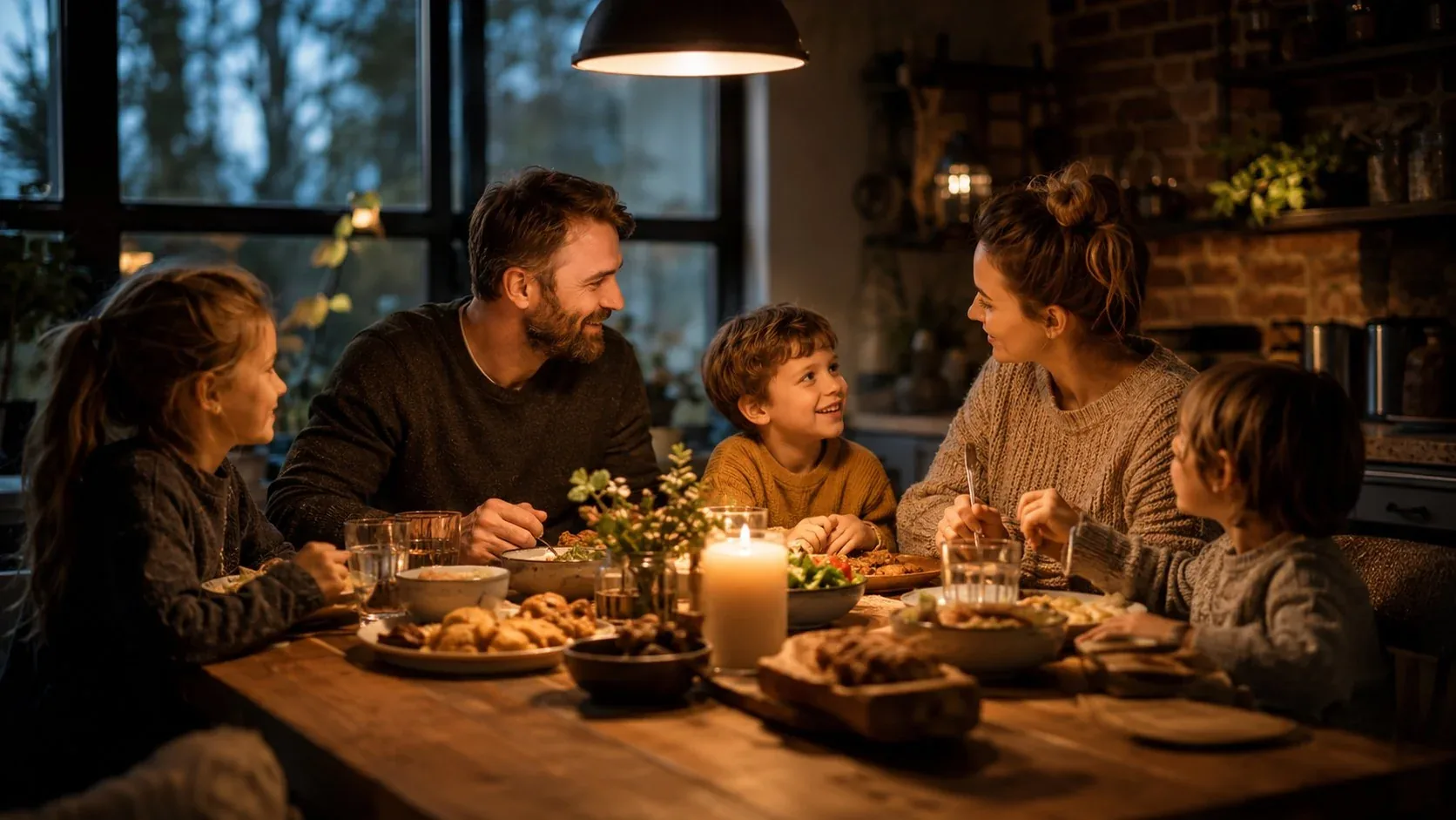 Family dinner table scene rendered as warm light gathering people around a shared meal, metaphorical editorial composition.