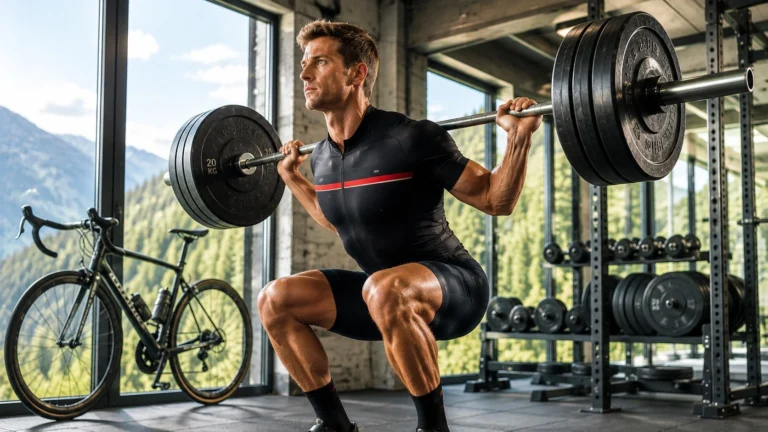 Heavy strength for cyclists training low-rep high-load back squat in gym with proper technique