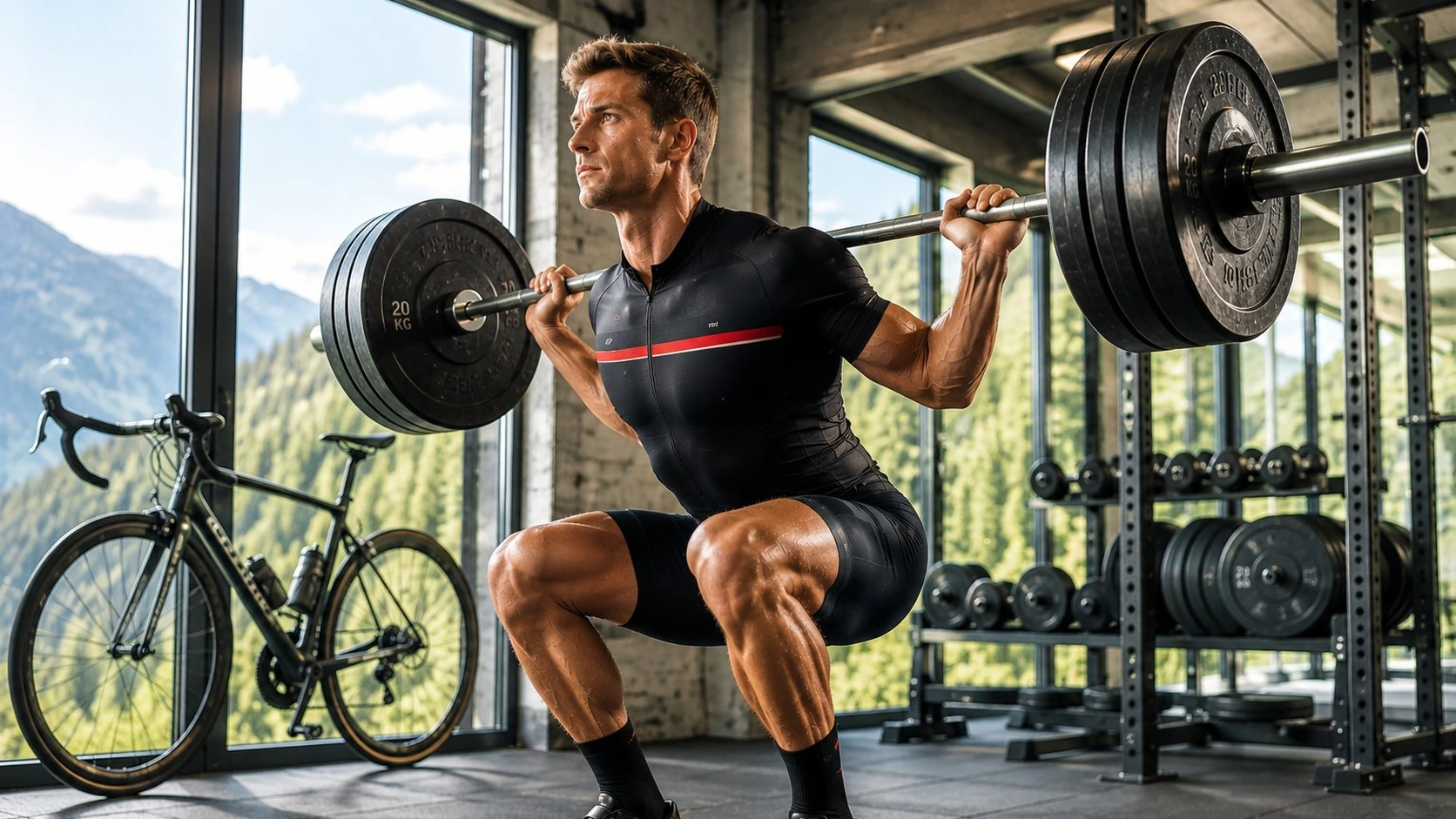 Heavy strength for cyclists training low-rep high-load back squat in gym with proper technique