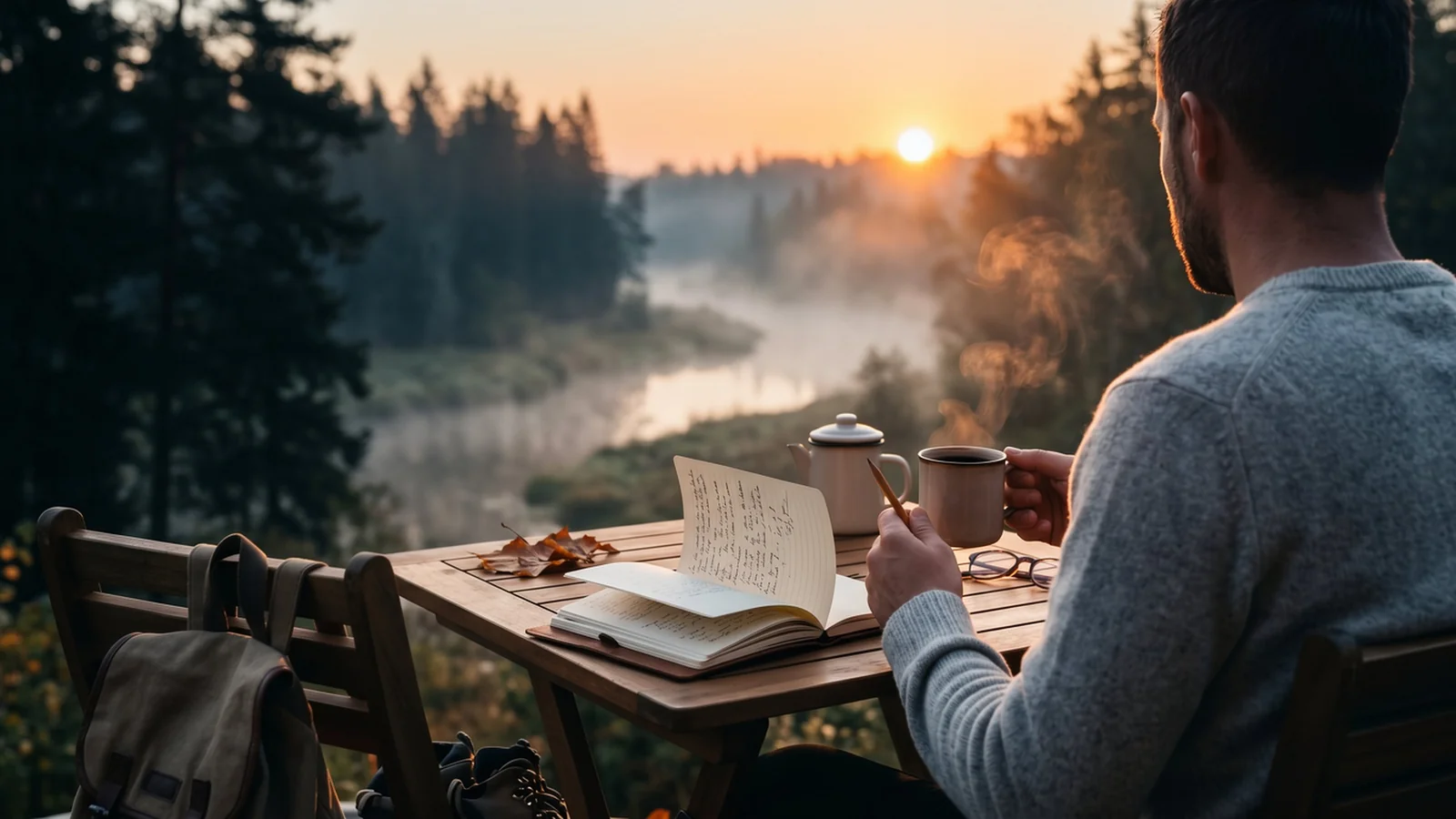 Morning terrace with coffee and diary at dawn — illustration for the Huberman Protocol