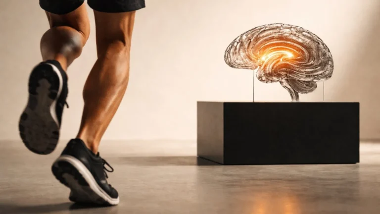 Metaphorical illustration: Irisin molecule connecting a muscle fibre with the hippocampus