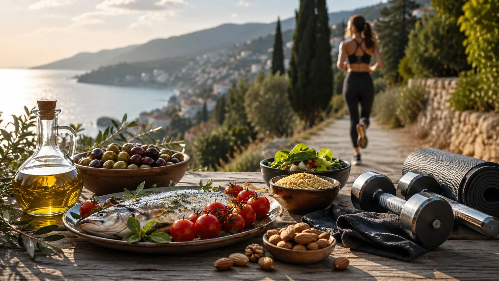 Mediterranean diet and exercise: a bowl of olives, tomatoes and olive oil next to running shoes