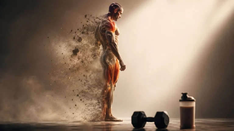 The contrast between two male figures: on the left, a thin figure with no muscle tone, captioned "−15% weight"; on the right, an athletic figure holding a dumbbell, captioned "−9.7% muscle""