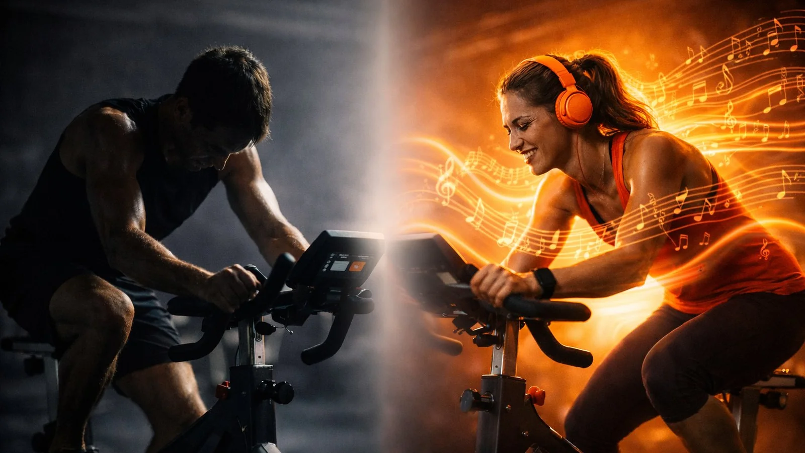 The silhouette of a cyclist wearing headphones in deep orange backlight — a metaphor for endurance to music