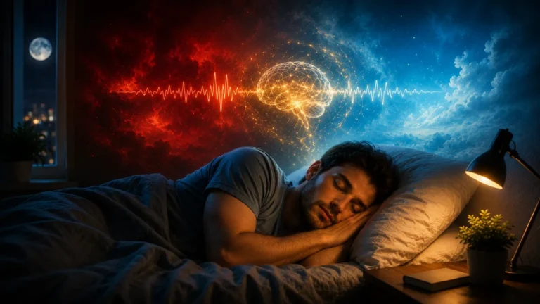 Sleep spindles concept: man sleeping in bed with red chaotic EEG waveform transforming through glowing brain network into calm blue waveform, full moon and lamp in background