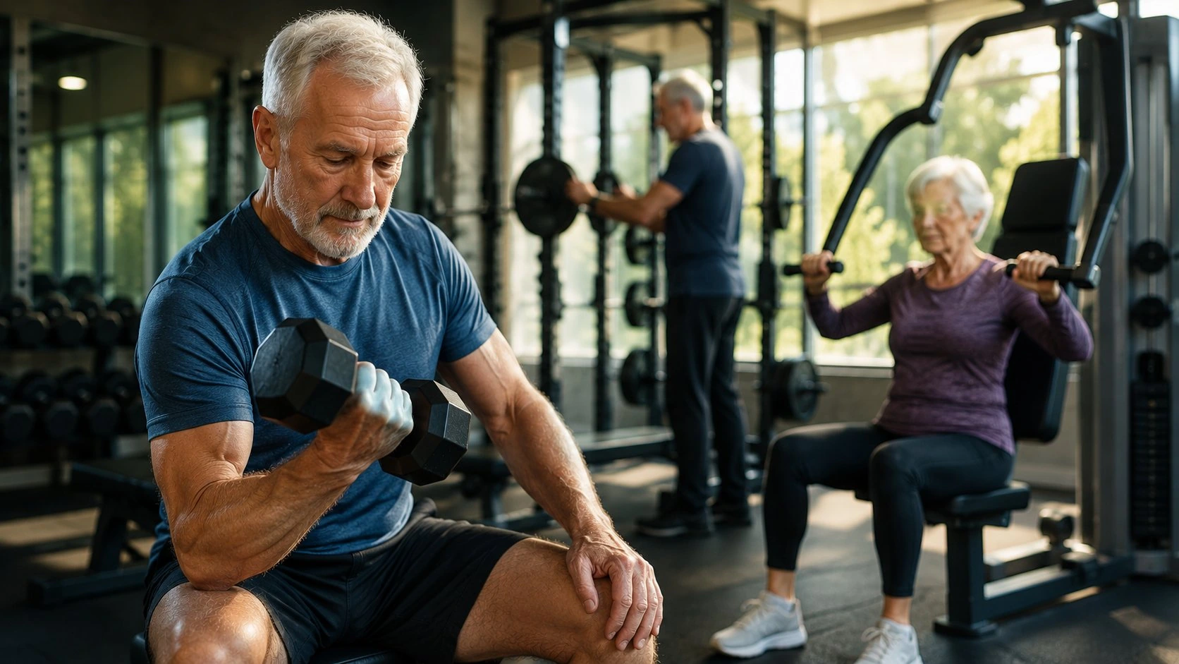 Strength training after 50 demonstration with older adult lifting weights with proper form in gym setting