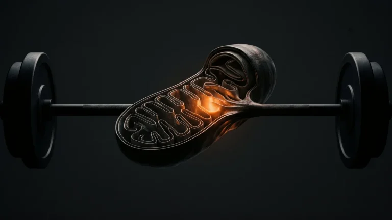 A mitochondrion pierced by a barbell on a dark background – a metaphor for metabolic flexibility after 50
