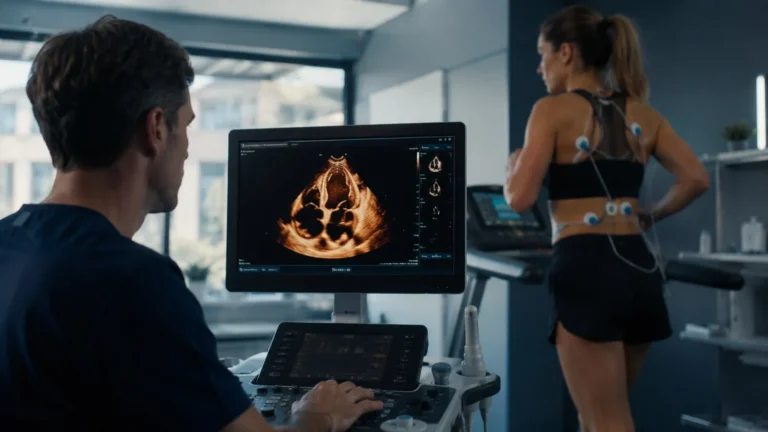 Echocardiogram of an athlete's heart on a monitor as a cardiologist performs a treadmill ECG stress test on a female athlete.