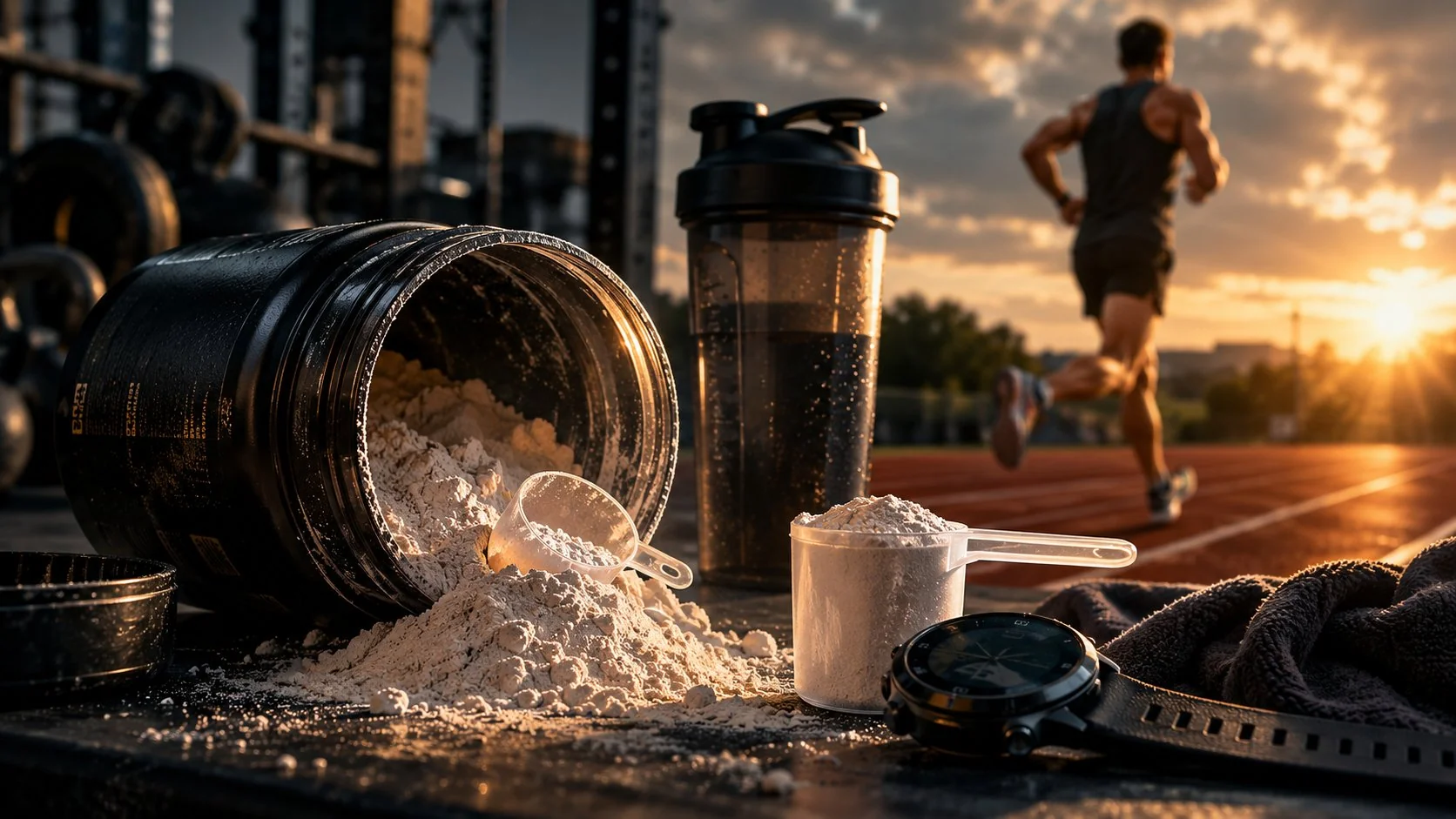 BCAA endurance supplement beaker glowing beside a frozen stopwatch — biochemistry rising while performance stands still