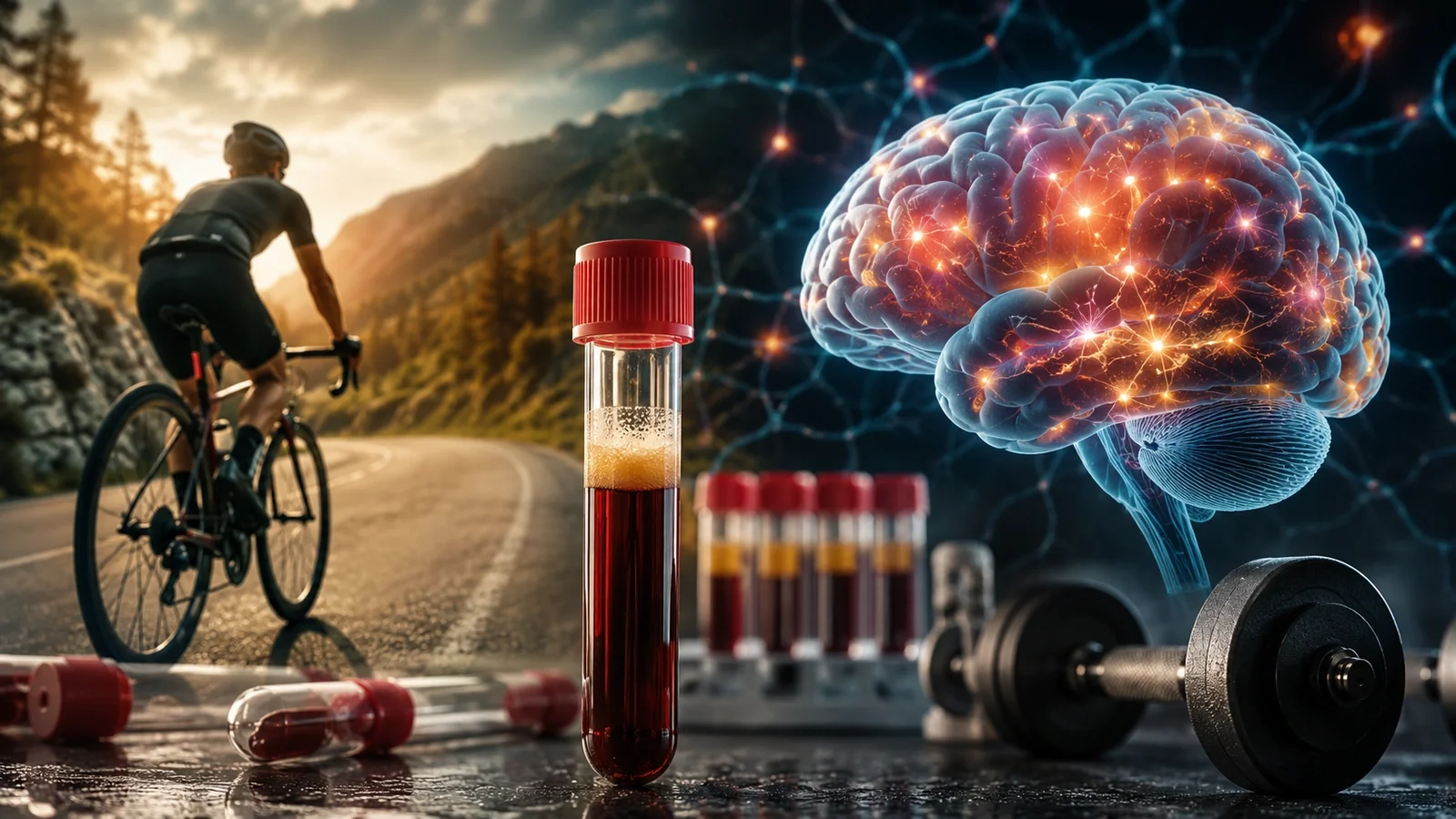 BDNF and the brain: a road cyclist at sunrise, blood sample tubes, a glowing brain with a neural network and a dumbbell