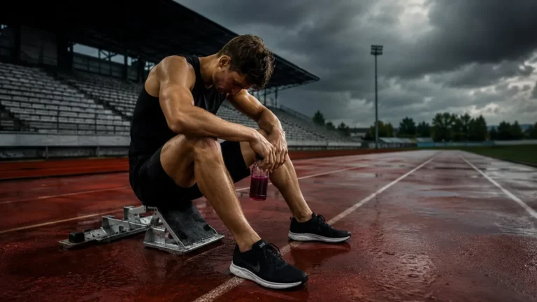 Beetroot juice glass beside an empty athletics starting block, metaphor for supplement with no sprint effect