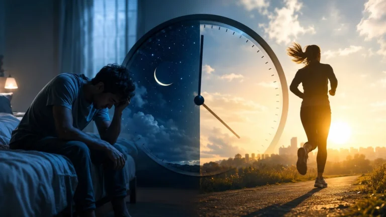 Circadian rhythm split scene: a tired man on a bed at night, a large day-night clock, and a woman running at sunrise