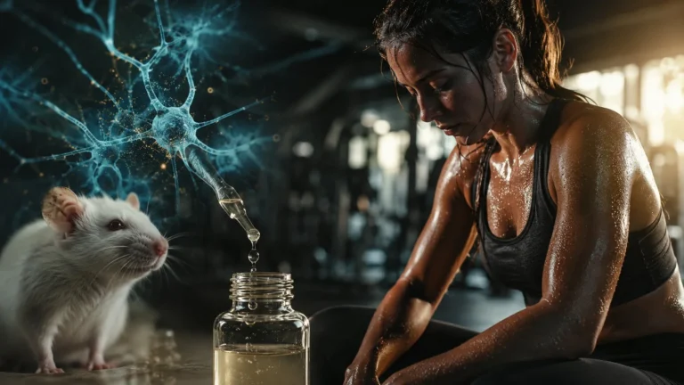 exercise depression: a sweaty sportswoman in a gym next to a mouse, a neuron and a pipette dripping sweat into a vial — a metaphor for hype versus evidence