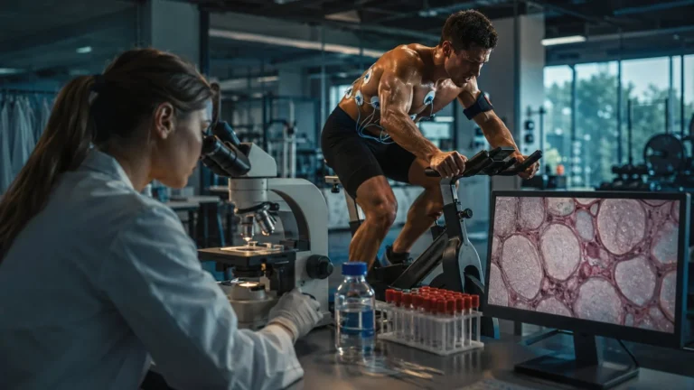 Growth hormone sprint study: cyclist with ECG electrodes, lab scientist at a microscope, micrograph of adipose tissue on screen