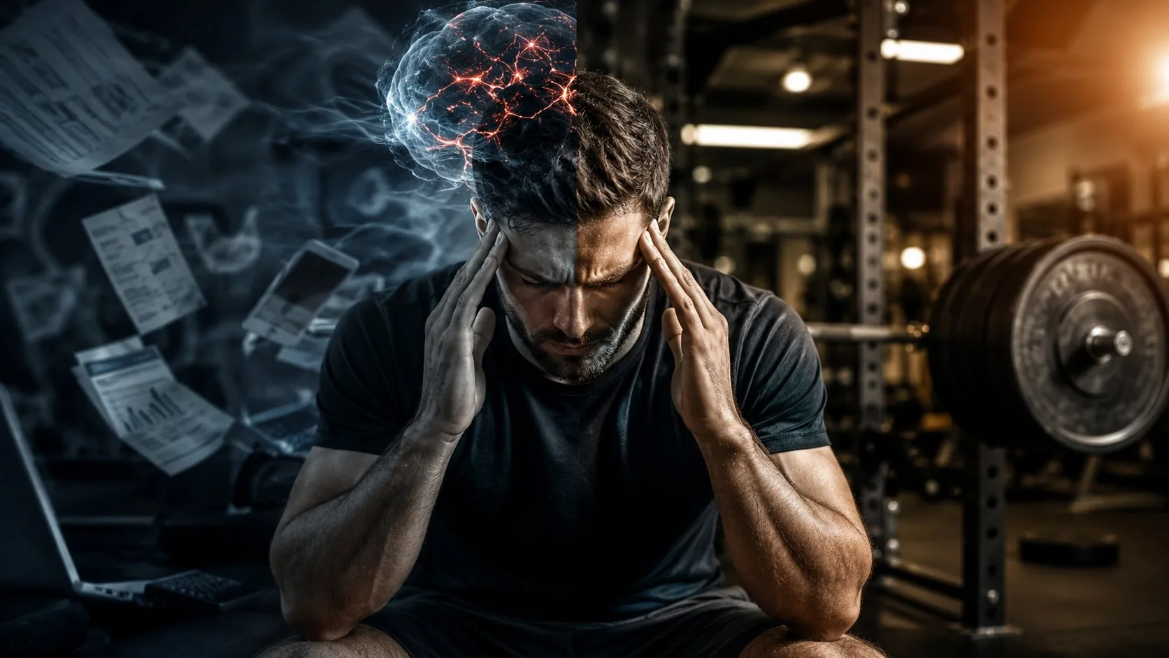 Mental fatigue: man holding his head before training, glowing brain dissolving into smoke beside a loaded barbell