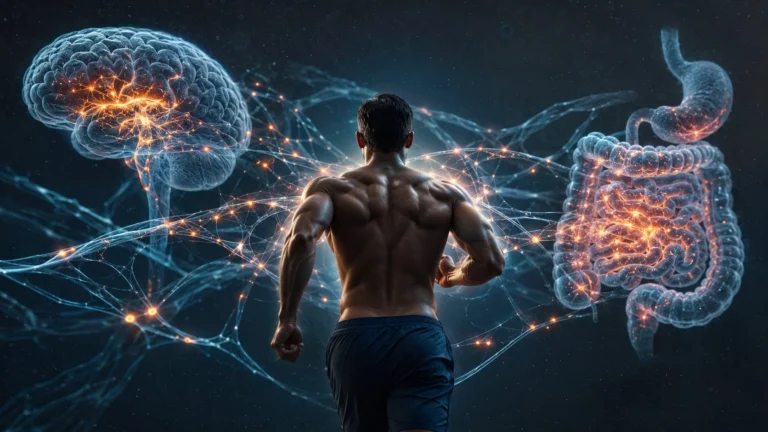 The muscle-brain axis concept: a runner seen from behind with glowing neural pathways linking the brain and the gut.