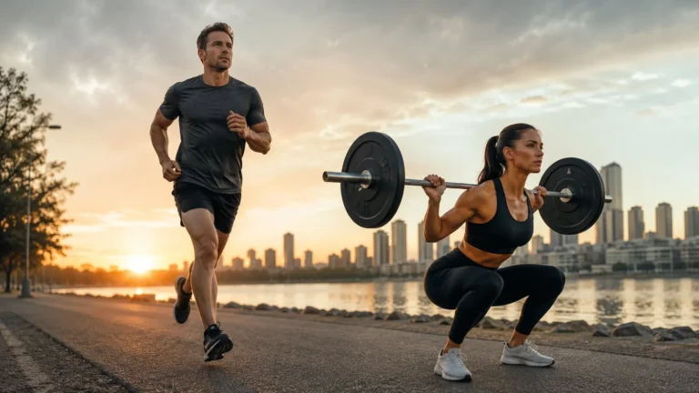 Muscle hypertrophy and training: a man running and a woman doing a barbell squat outdoors at sunset