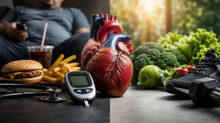 Prediabetes remission concept: a split scene contrasting fast food and a sedentary man with fresh vegetables and running shoes, an anatomical heart and a glucose meter in the centre