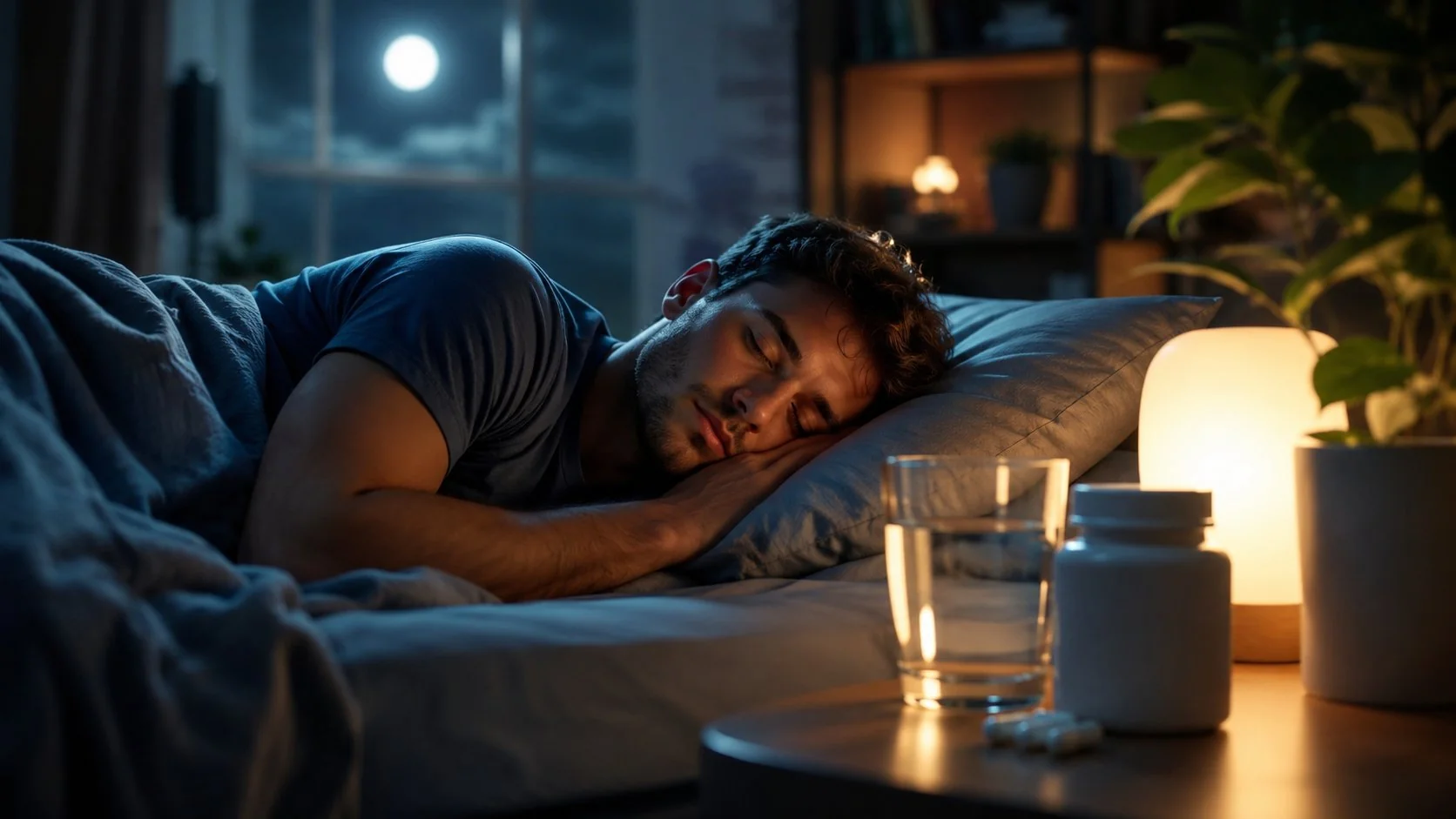 Probiotics sleep concept: gut microbiome bacteria connected to a calm brain via glowing neural pathways at night