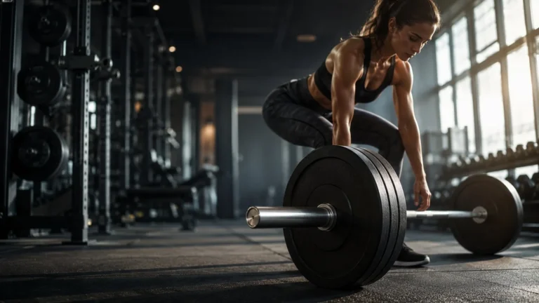 Resistance training in a gym: an athlete setting up a loaded barbell for a deadlift, with weight plates in the foreground.
