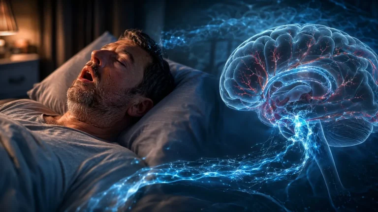 Sleep apnoea brain: man snoring in bed as glowing neural streams flow from him into a translucent brain