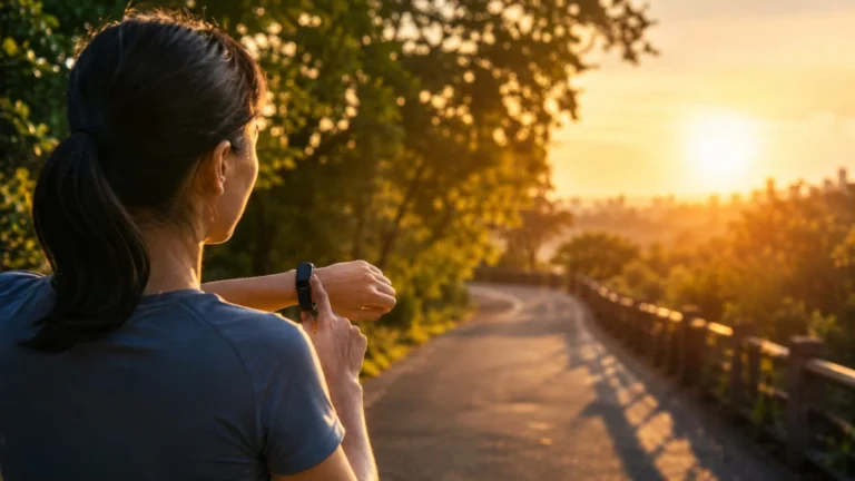 Wearable device fitness tracker rings guiding a walking silhouette along an orange activity path