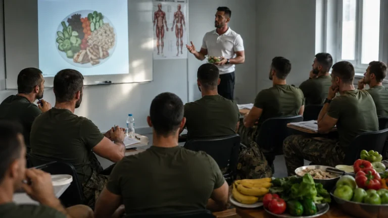 Nutrition education session for military athletes: a dietitian shows a balanced plate of vegetables, grilled chicken and grains while soldiers take notes
