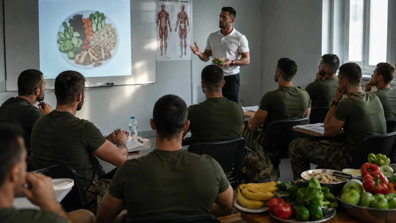 Nutrition education session for military athletes: a dietitian shows a balanced plate of vegetables, grilled chicken and grains while soldiers take notes