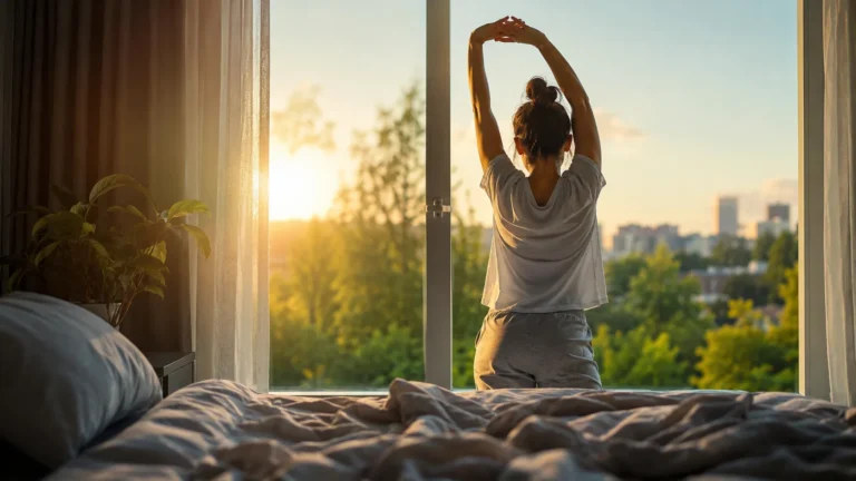 Exercise sleep: a woman stretching by a sunlit window after waking, symbolising movement as a non-drug sleep aid