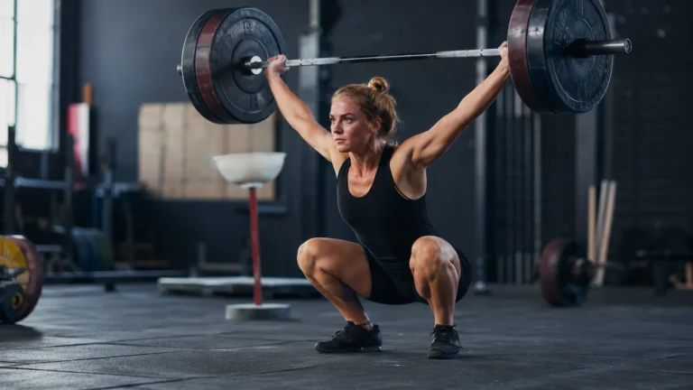 Velocity-based training: a female weightlifter in the bottom position of an overhead squat with a loaded barbell overhead in a gym.