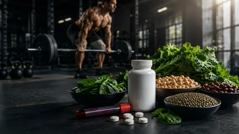Homocysteine and folic acid: supplement tablets, a blood sample tube and bowls of greens and legumes in a gym