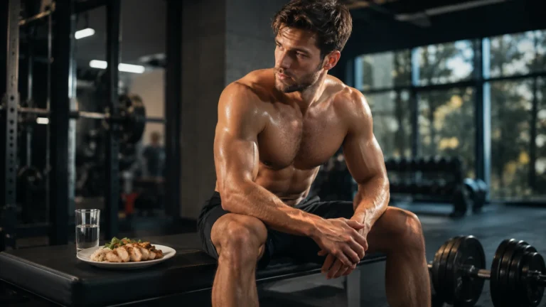 Muscle accretion and energy intake: an athlete resting on a gym bench beside a plate of chicken with rice and a glass of water