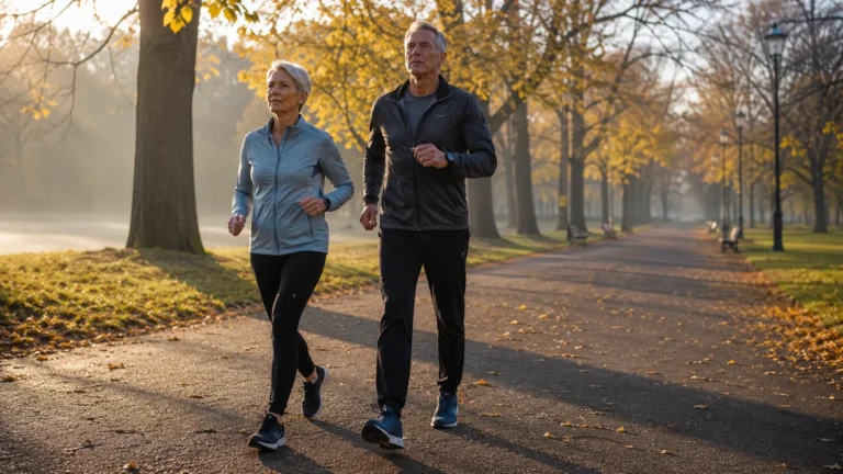 Interval walking: a man and a woman in their late fifties walking briskly along a misty park avenue in autumn