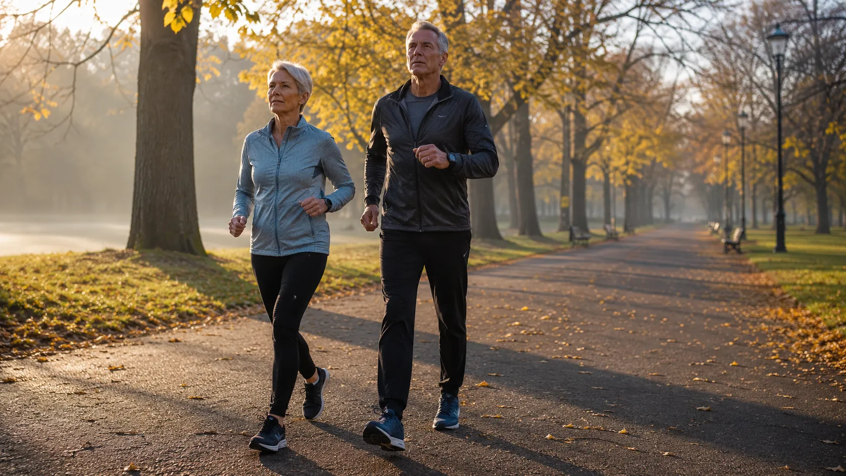 Interval walking: a man and a woman in their late fifties walking briskly along a misty park avenue in autumn