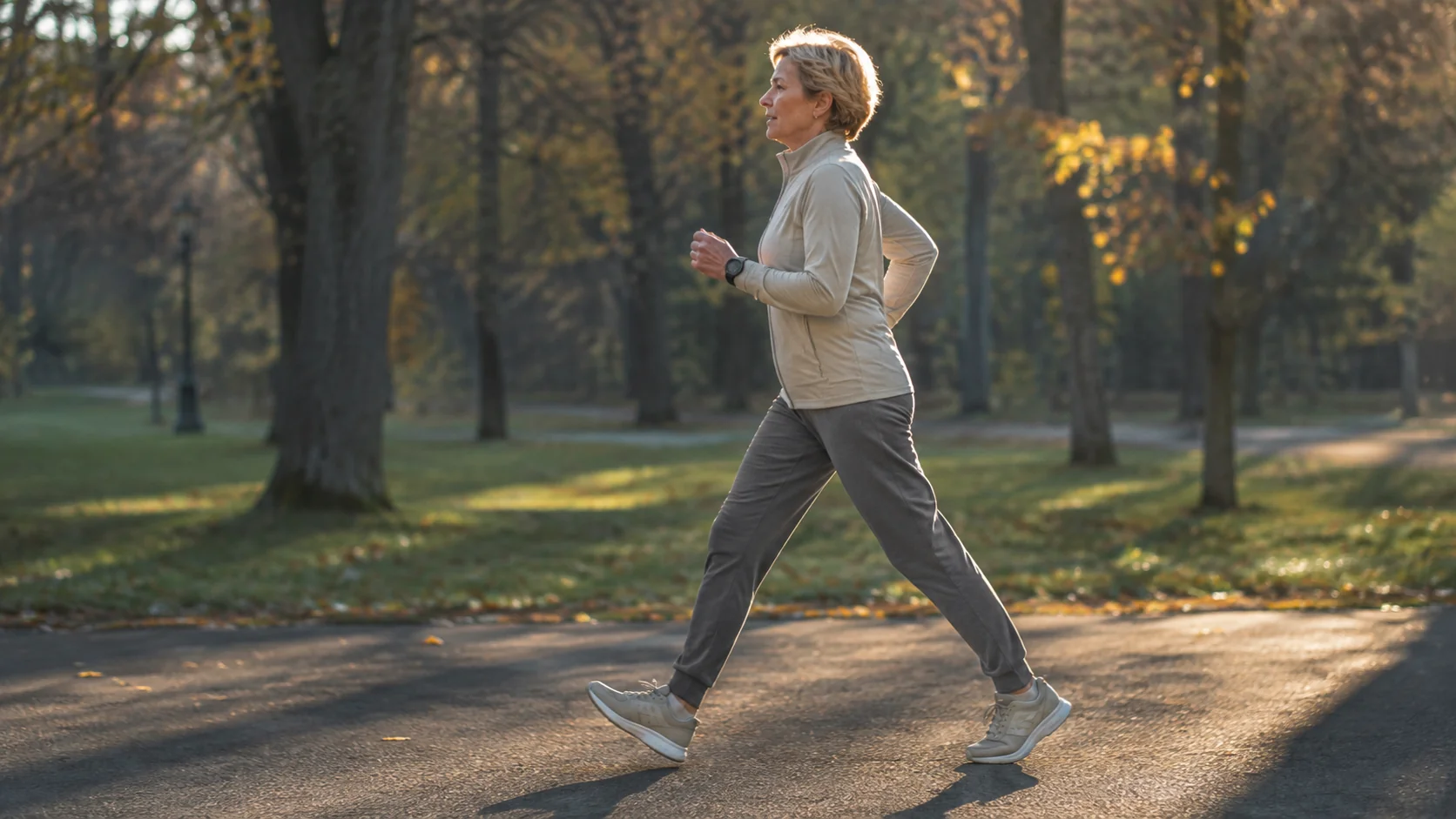 Interval walking: an older woman walking fast in profile with a long stride on a park path in autumn