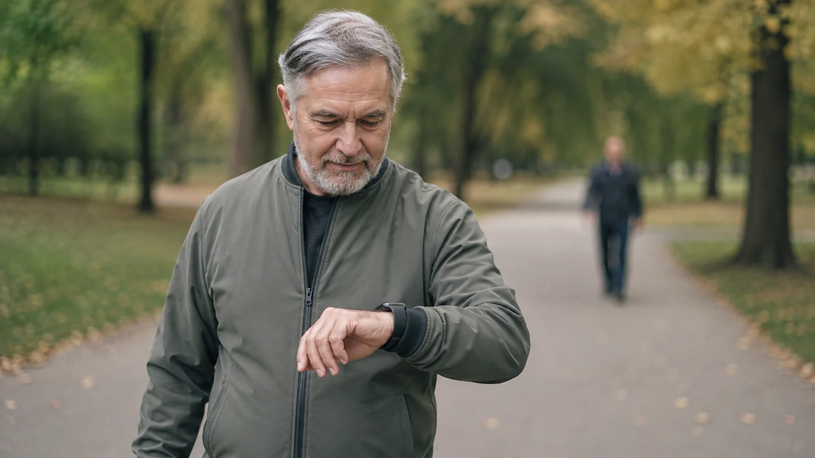 A grey-haired man checking his watch during the slow phase of a walking interval, another walker behind him