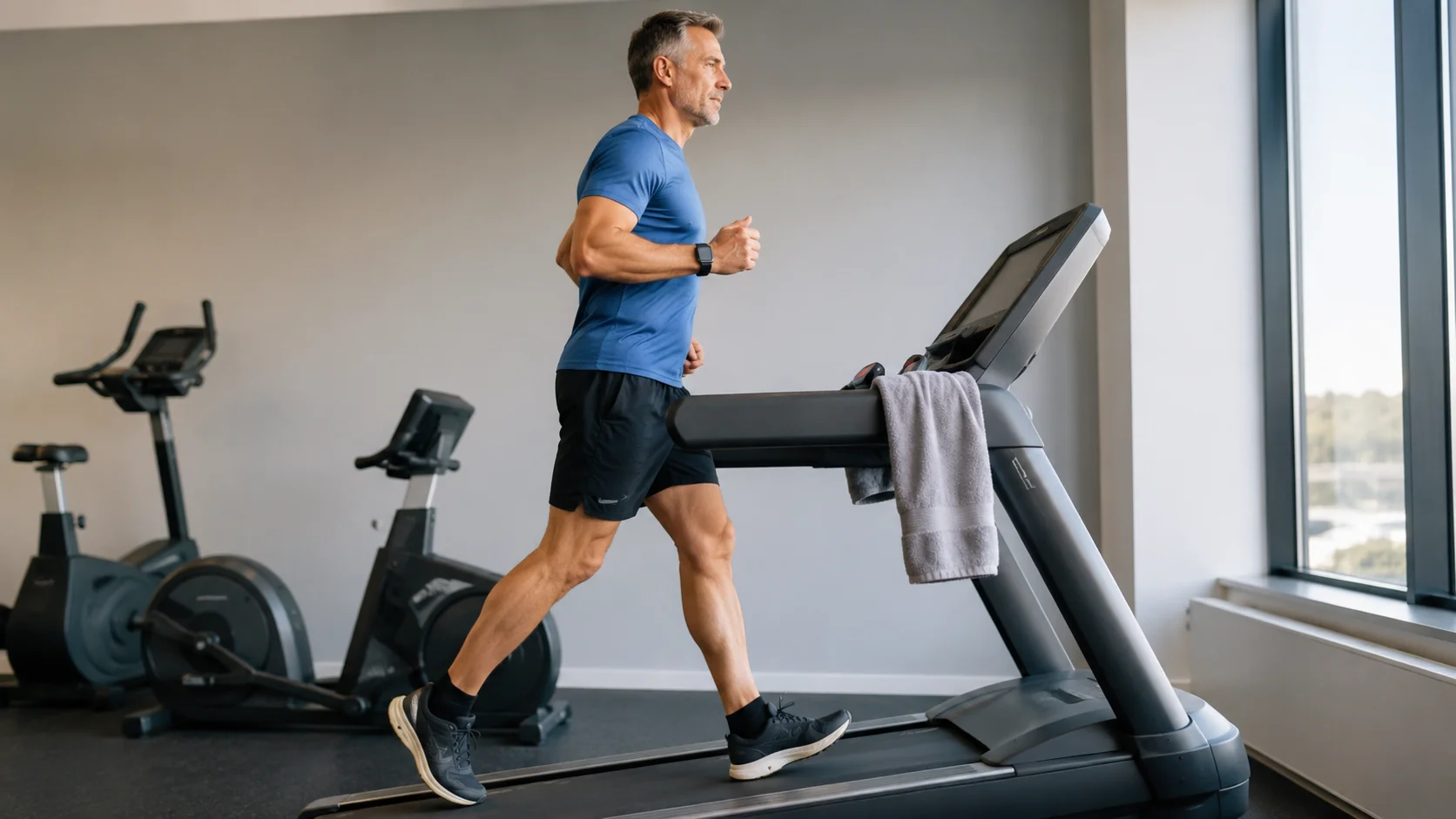 Interval walking on a treadmill: a middle-aged man walking fast beside a bright gym window