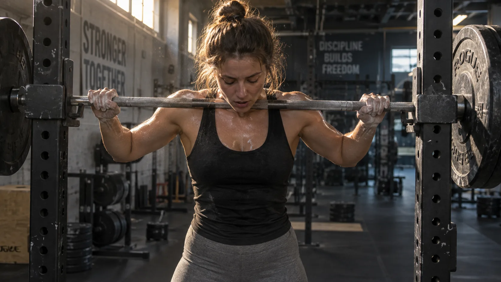 Athlete under a loaded barbell at the end of a hard set, the moment muscle fatigue peaks