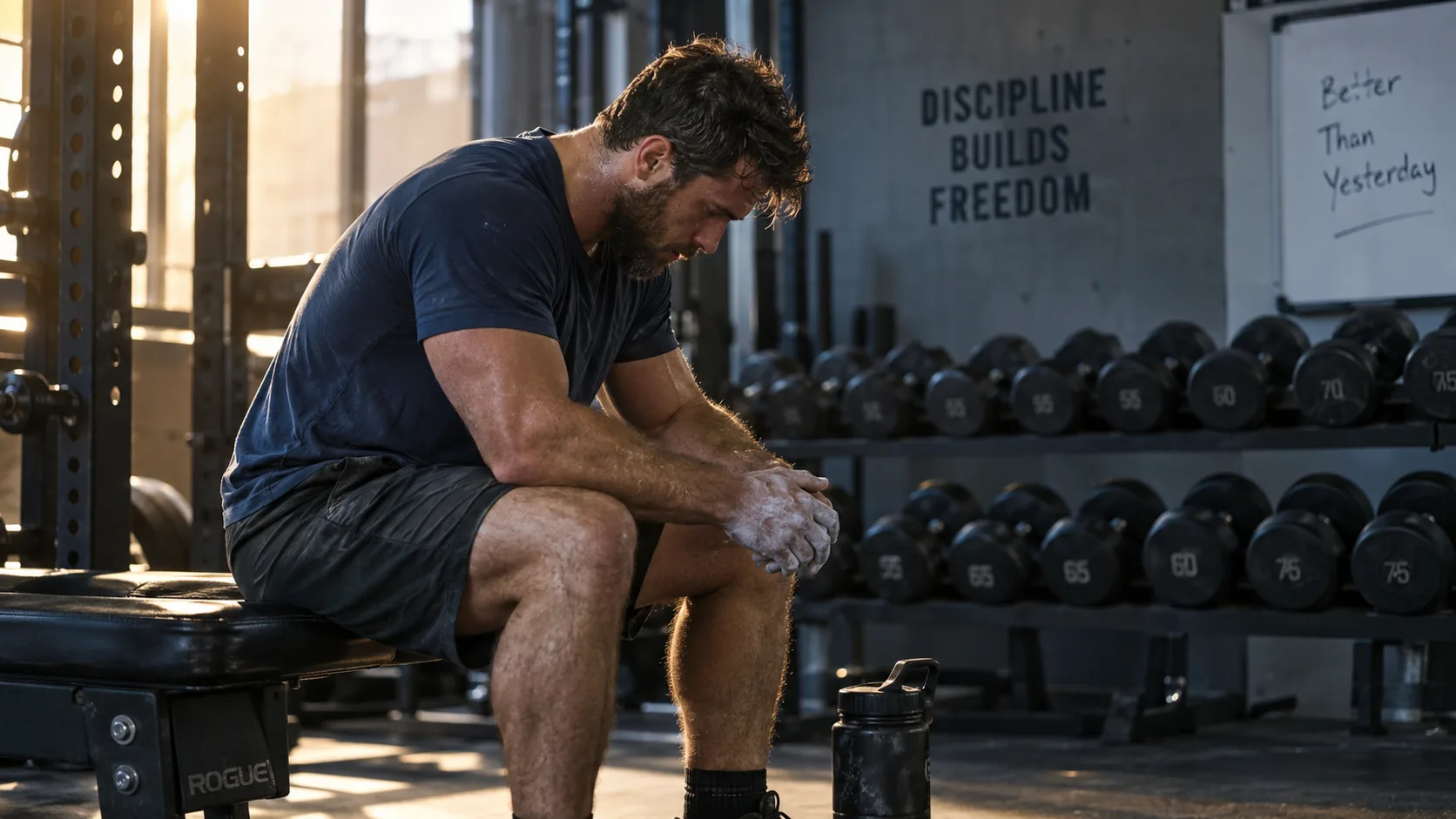 Man sitting on a gym bench after a heavy set, visible muscle fatigue