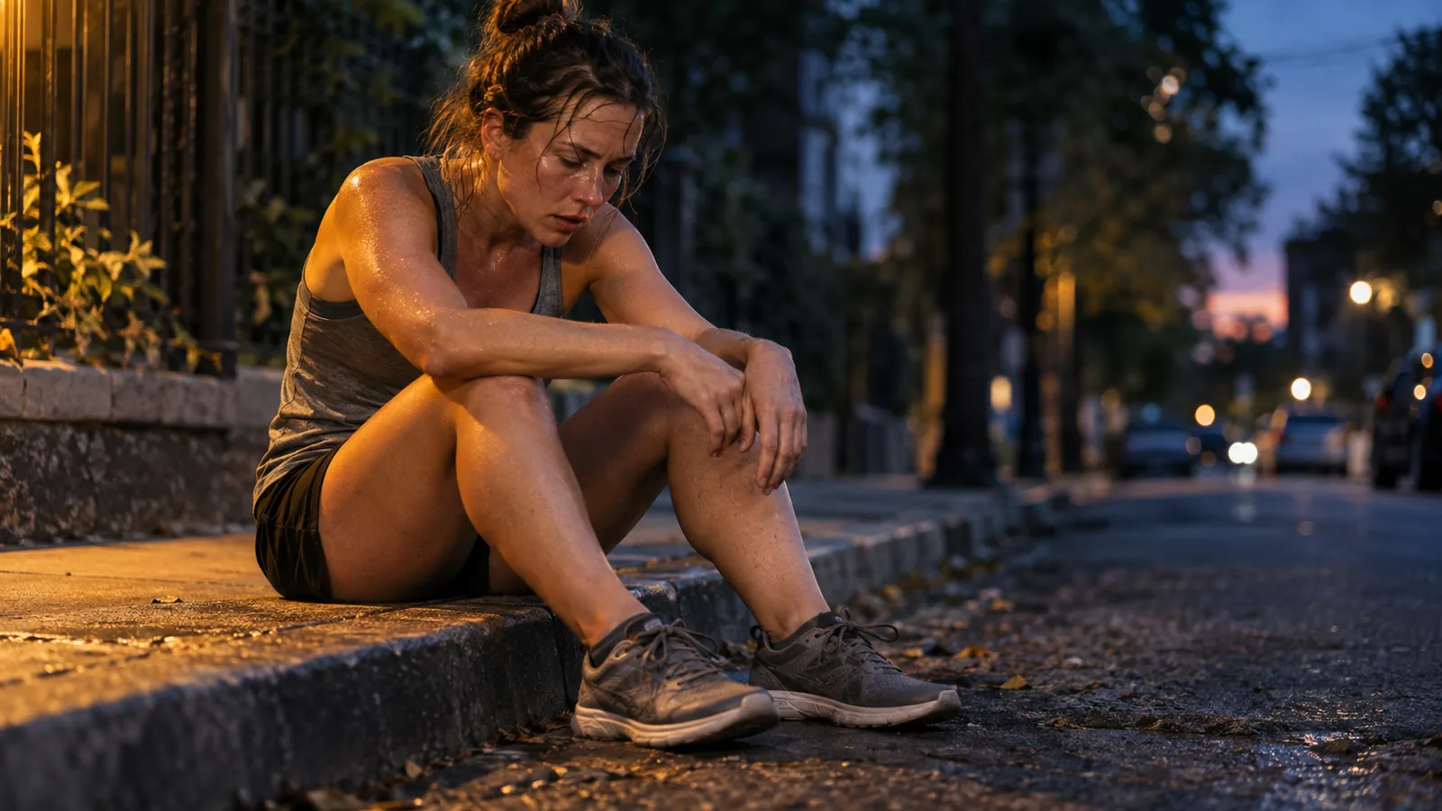 Runner sitting on a curb after an evening session, the point where fatigue turns into overreaching