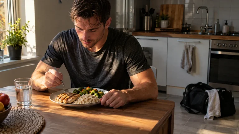 Man eating a full meal after training, the practical core of post-exercise recovery
